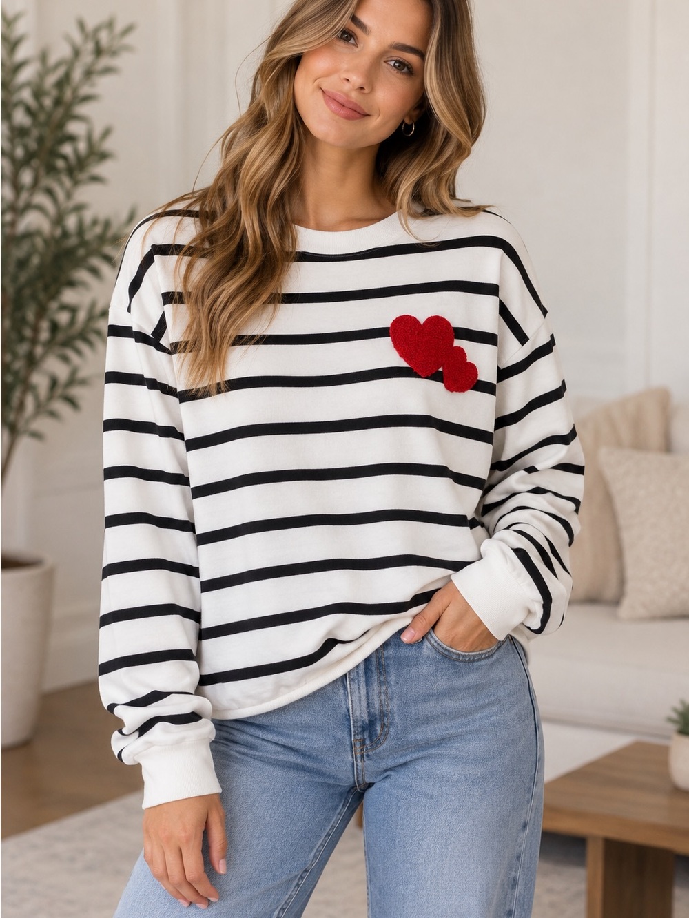 Womenβs Black & White Striped Sweatshirt with Red Heart Patch